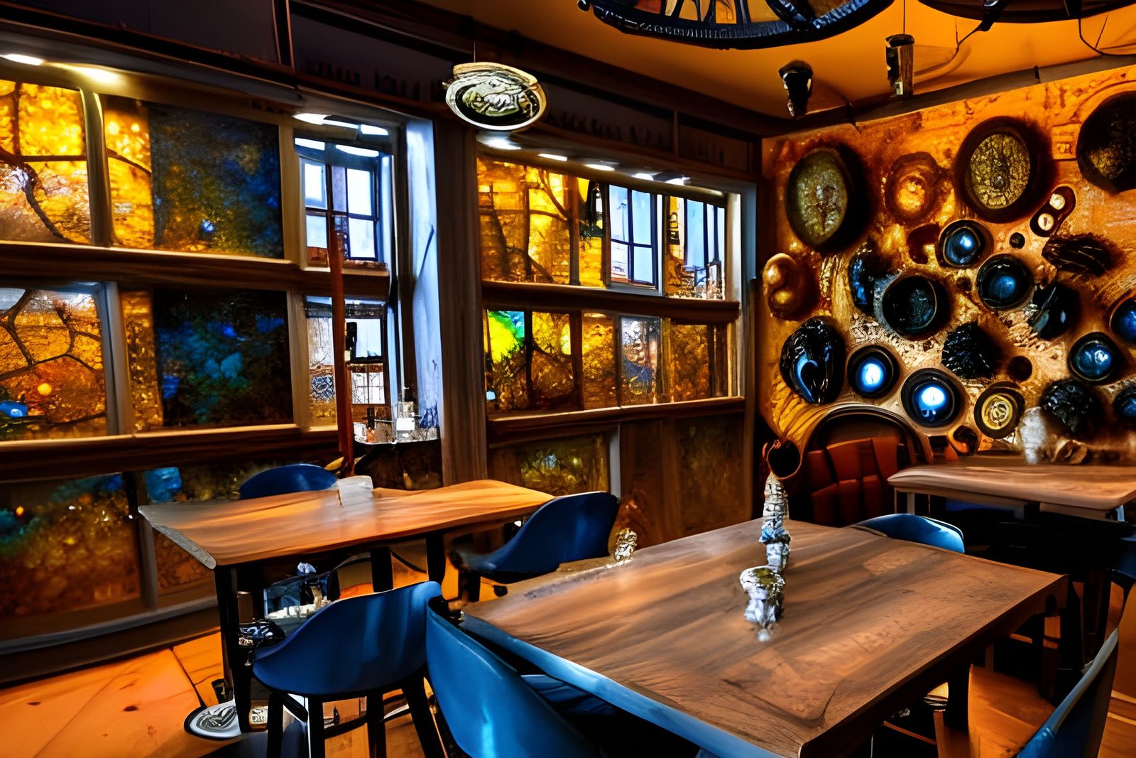 Steampunk Coffee Shop Interior with Azurite Crystals