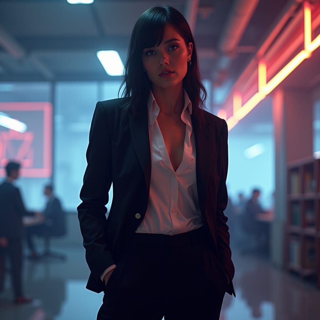 Confident Bare-Chested Woman in Dystopian Cyberpunk Style