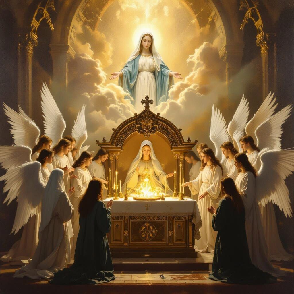 Tabernacle at Mass With Angels and Mother Mary in Oil Painti...