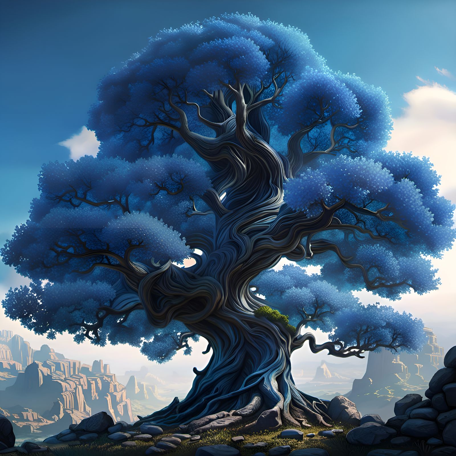 Magnificent Ancient Blue Tree in Dark Fantasy Style