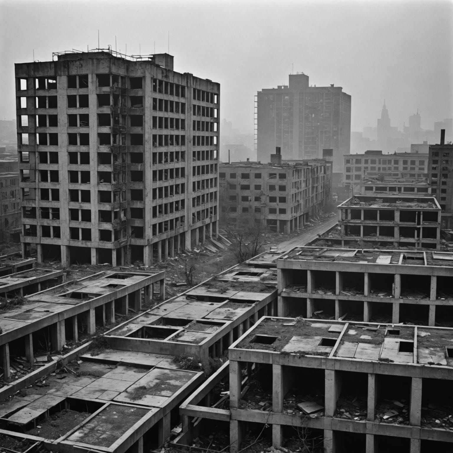 Desolate Cityscape Under Smog-Choked Sky