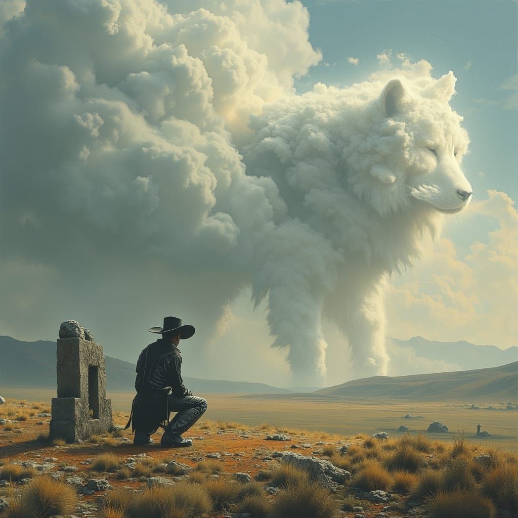 Skeleton Cowboy Kneels by Grave Under Spirit Tiger-Wolf Clou...