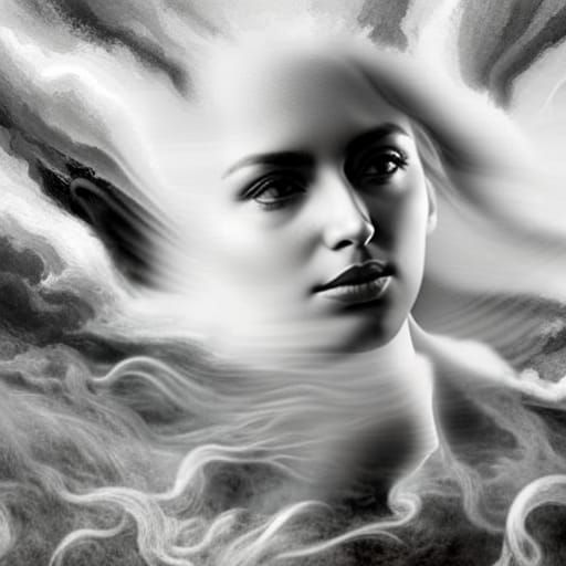 Cloud Face in Whirling Mist: Detailed Pencil Sketch