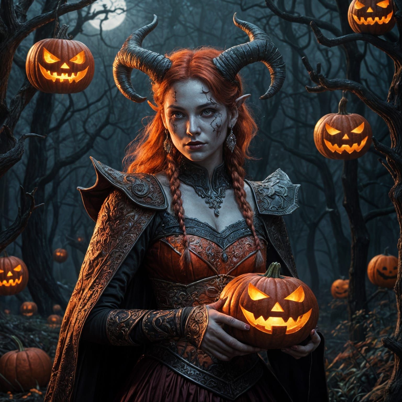 Red Skinned Devil Woman With Glowing Jack O'Lantern