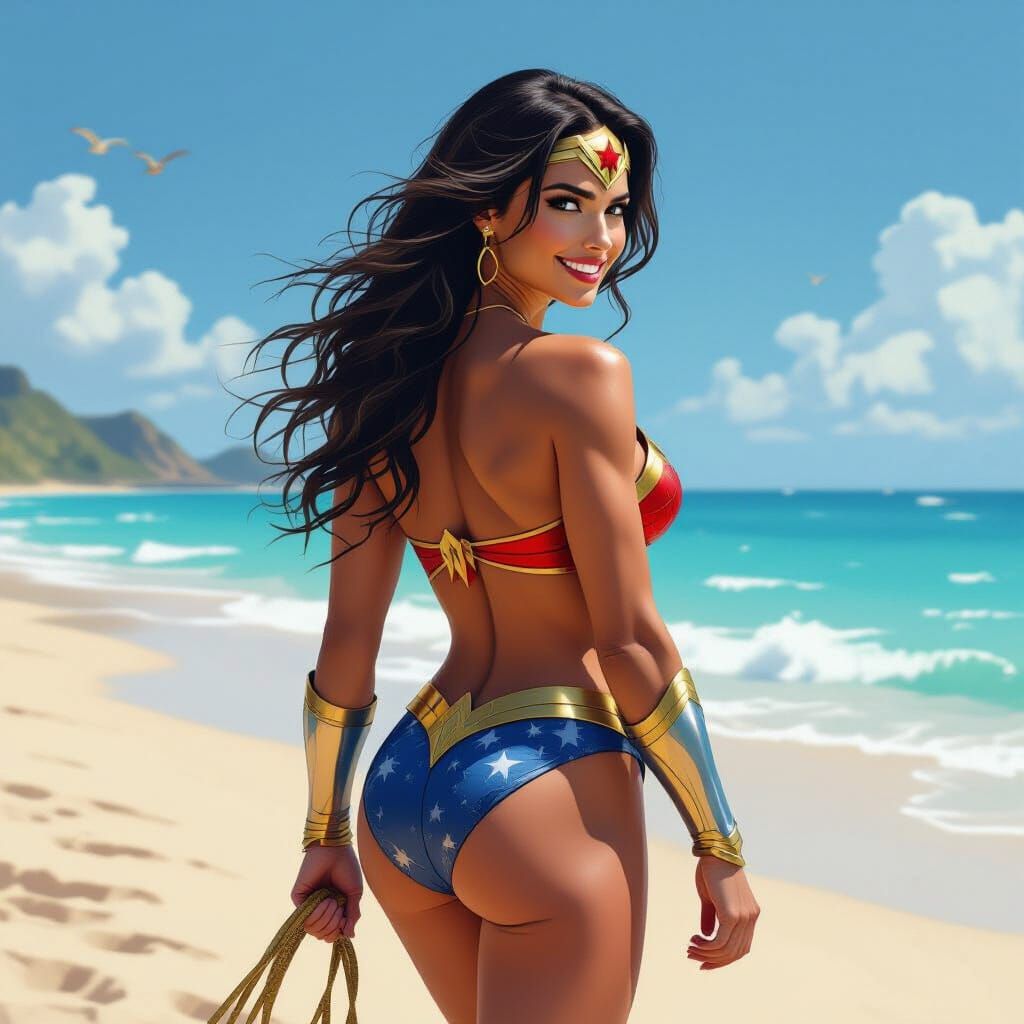 Wonder Woman on Beach in Graffiti Art Style