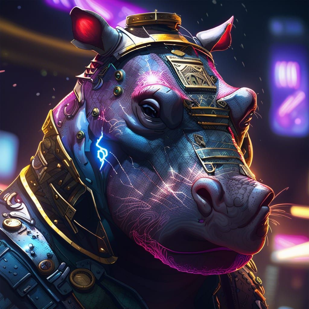 Cyberpunk Hippo Superhero in Ornate Kingdom