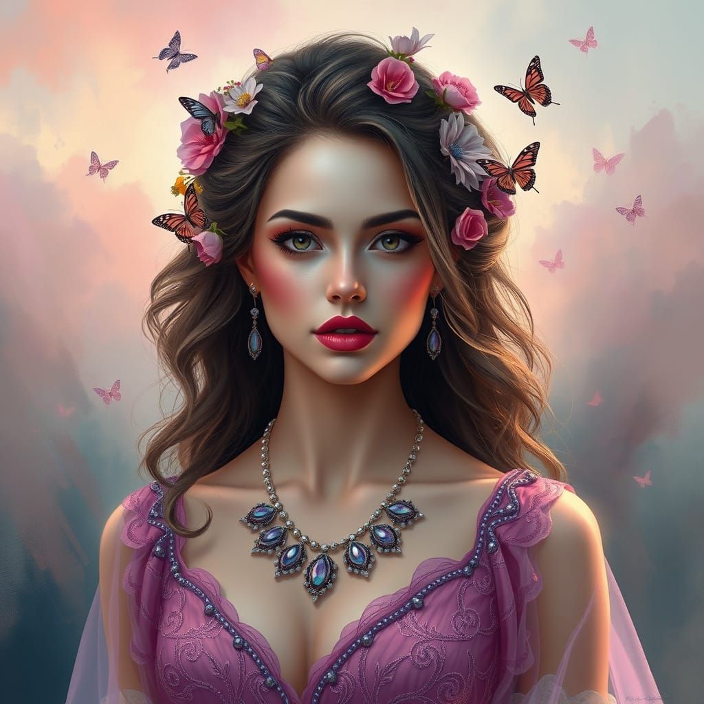 A vibrant image of a woman, pink makeup, plum lips, and stri...