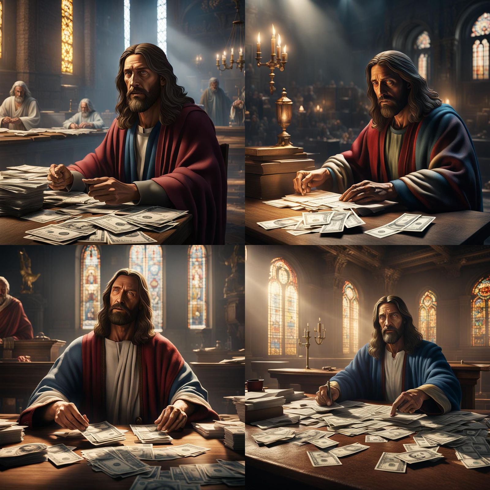 Modern Jesus Paying Bills in Hyperrealistic HDR