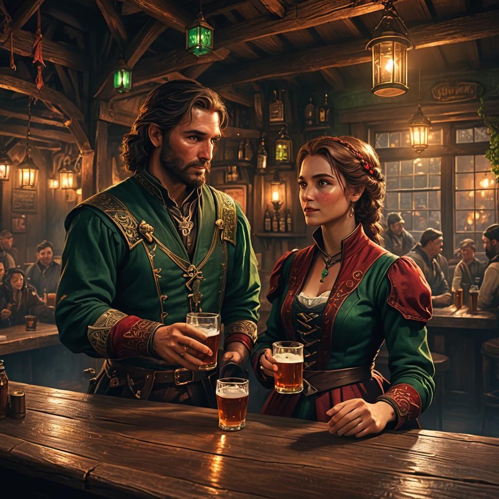 Fantasy Tavern Scene with Emerald and Crimson
