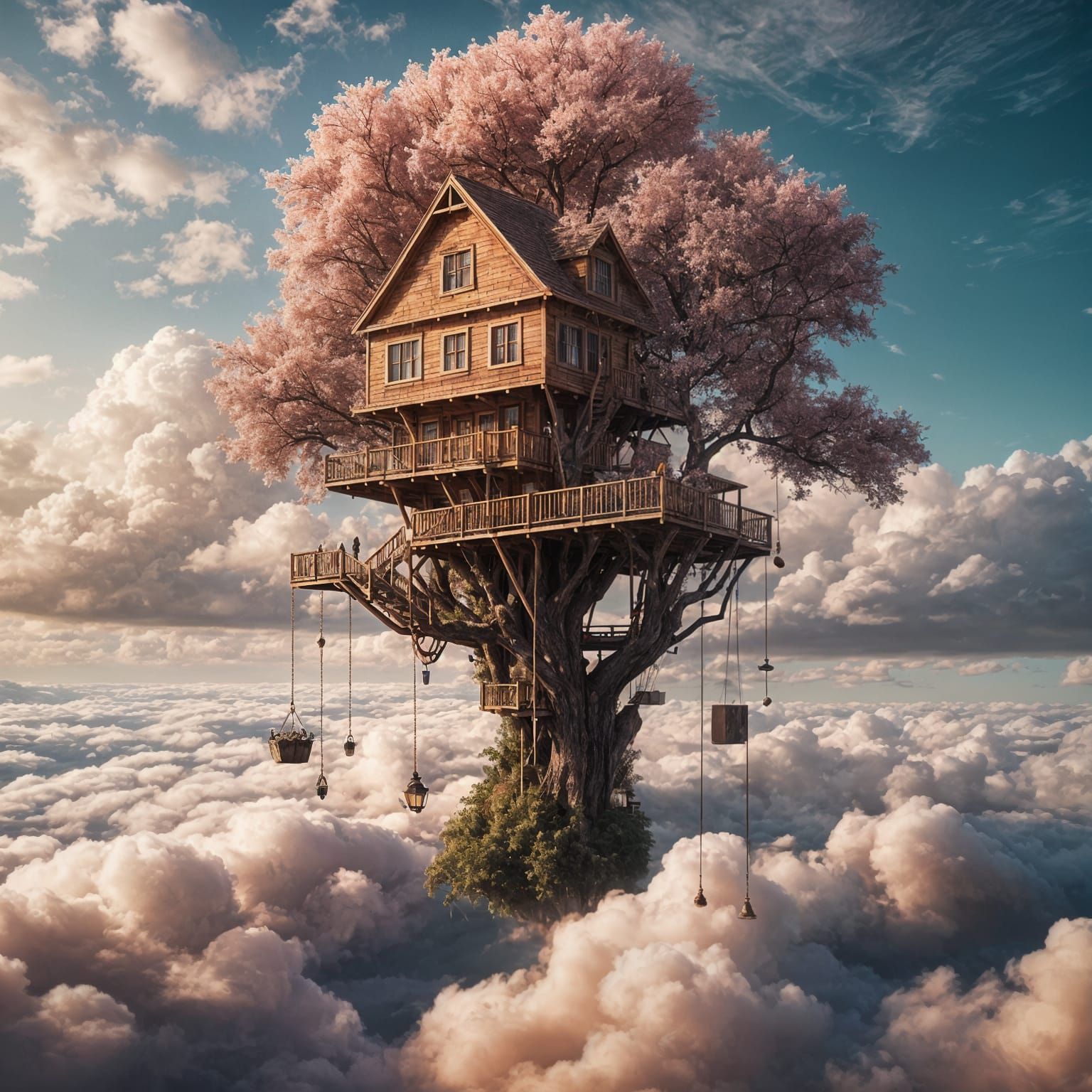 Hyperrealistic Treehouse Above the Clouds