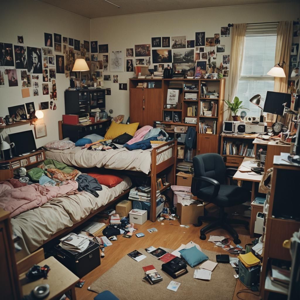 Messy Dorm Room Interior: Cinematic Film Still