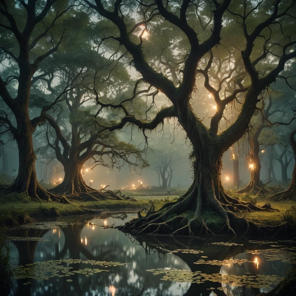 Mystical Forest Glade with Fireflies in 3D Anime Style