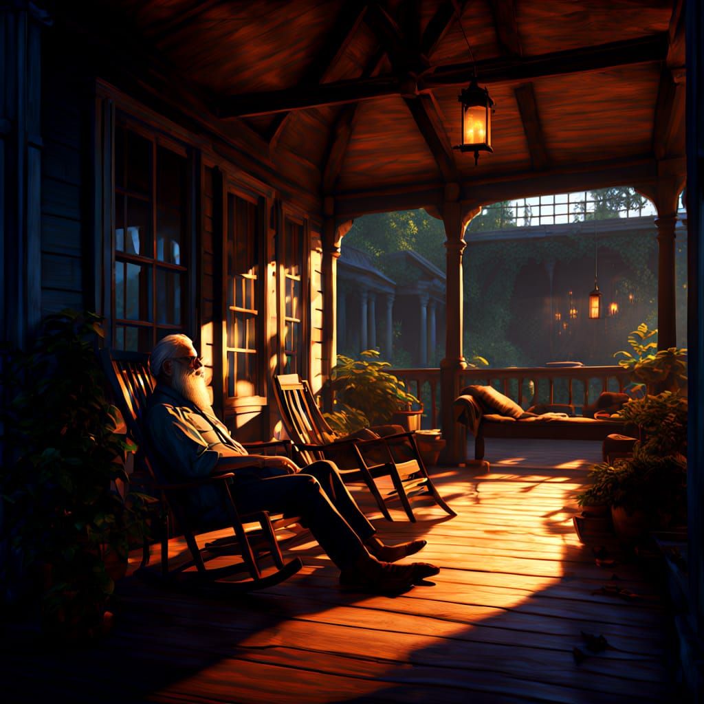 Old Man and Boy Sleep on Porch in Bug Zapper Light