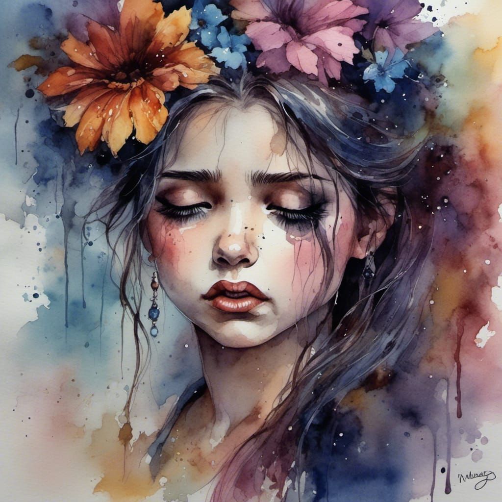 Watercolor Painting of a Crying Woman