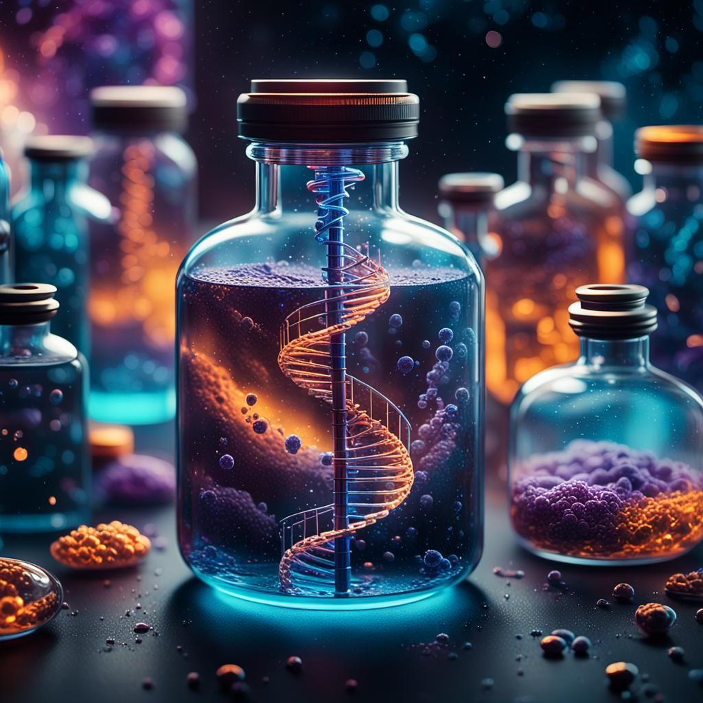 DNA in Glass Bottle: Cinematic Digital Painting