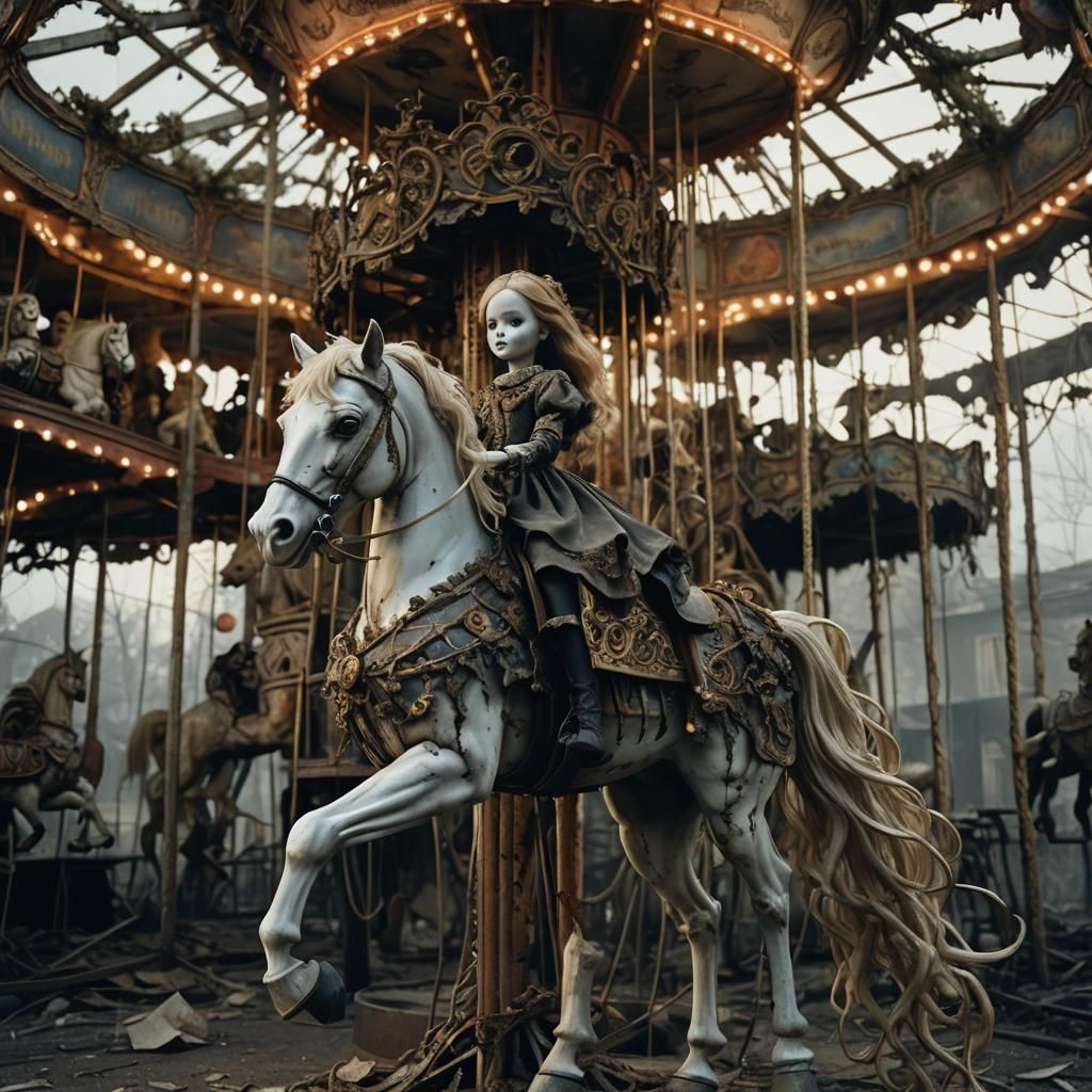 Haunted Doll Rides Ruined Carousel in Dark Surrealism