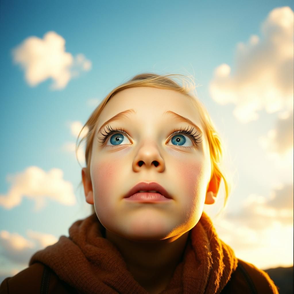 Blue Eyes Gaze Upward in Golden Hour