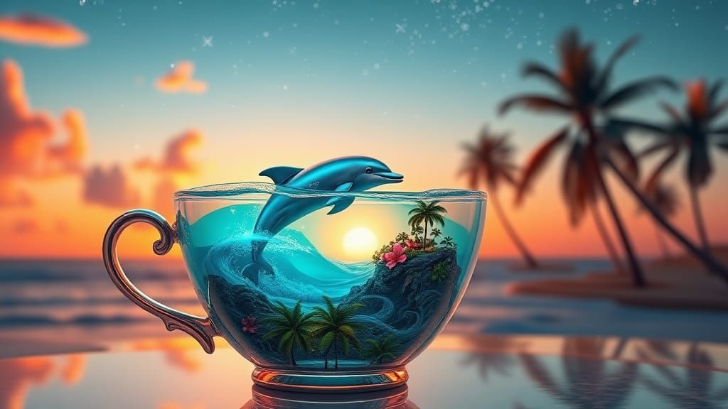 Dolphin in Teacup: Surreal 3D Fantasy Seascape