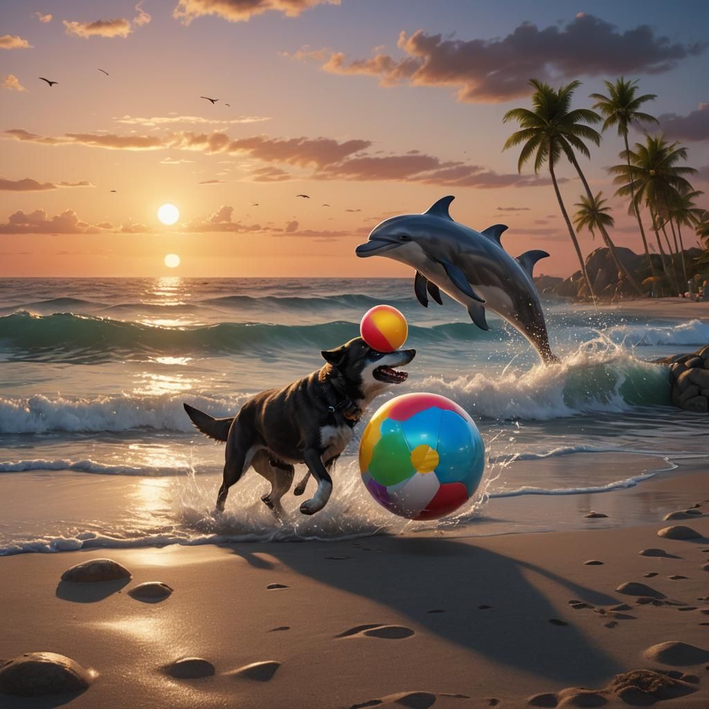 Dog and Dolphin Play at Sunset: Fantasy Art
