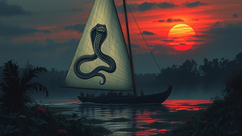 Sailboat Snake Tattoo at Sunset: Color Print Art