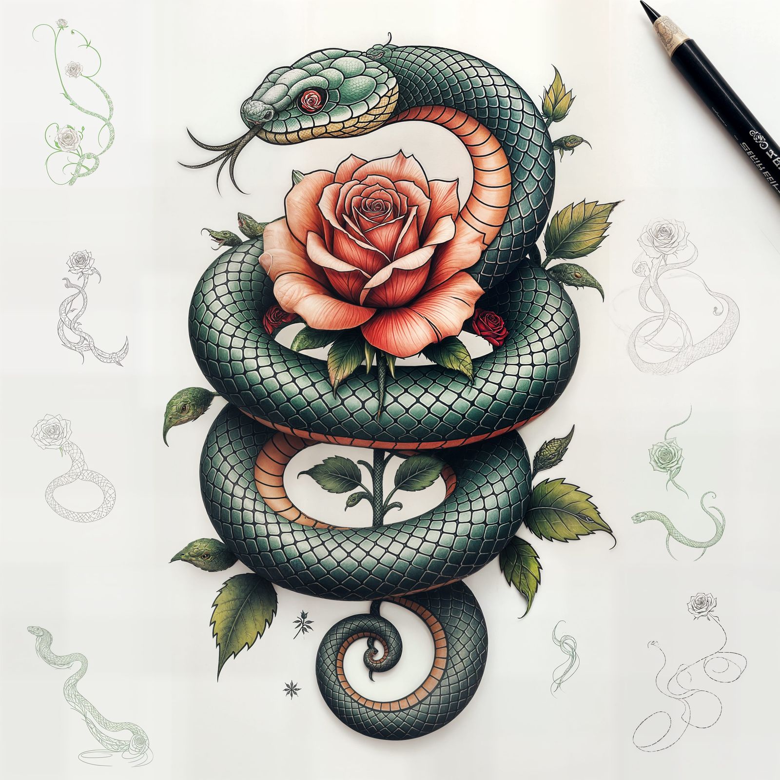 3D Snake and Rose Tattoo Design
