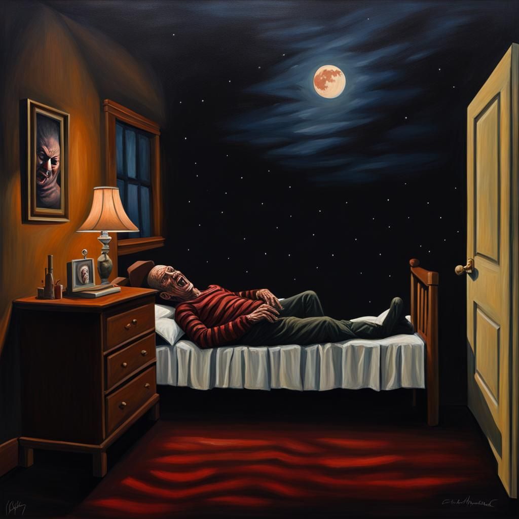 oil painting of Freddy Krueger entering the dream of a sleeping person in a dark room with the new moon in the backgroun...