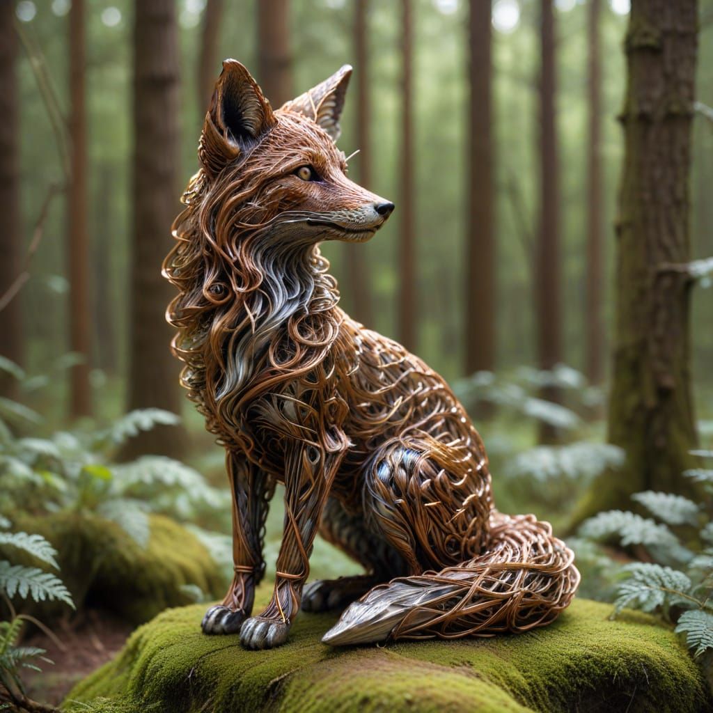 Copper Wire Fox Sculpture in Forest Setting