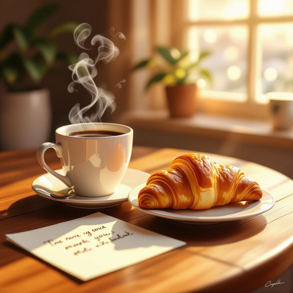 Cozy Morning Coffee and Croissant with Encouraging Quote