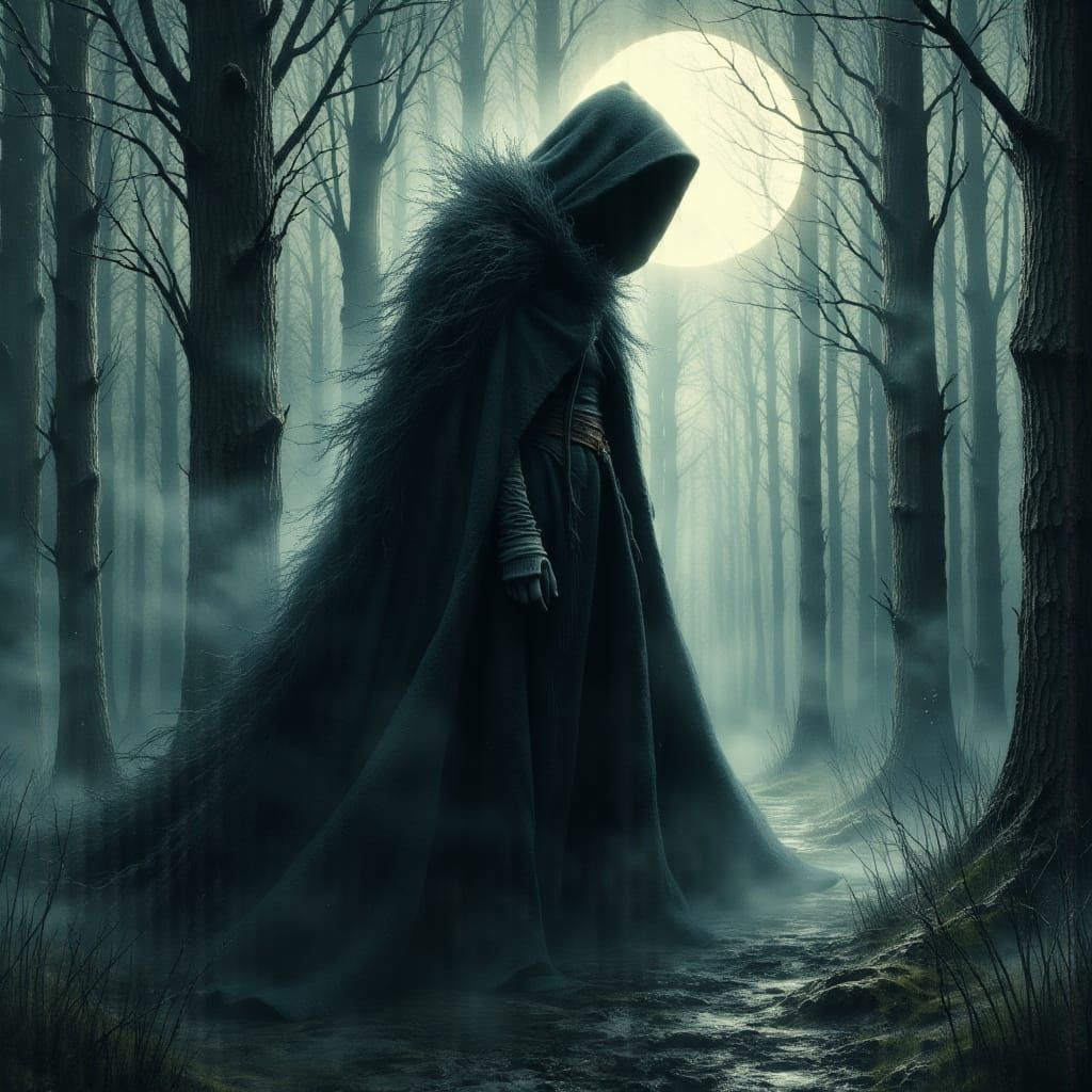 Mystical Woman in Moonlit Forest: Dark Oil Painting
