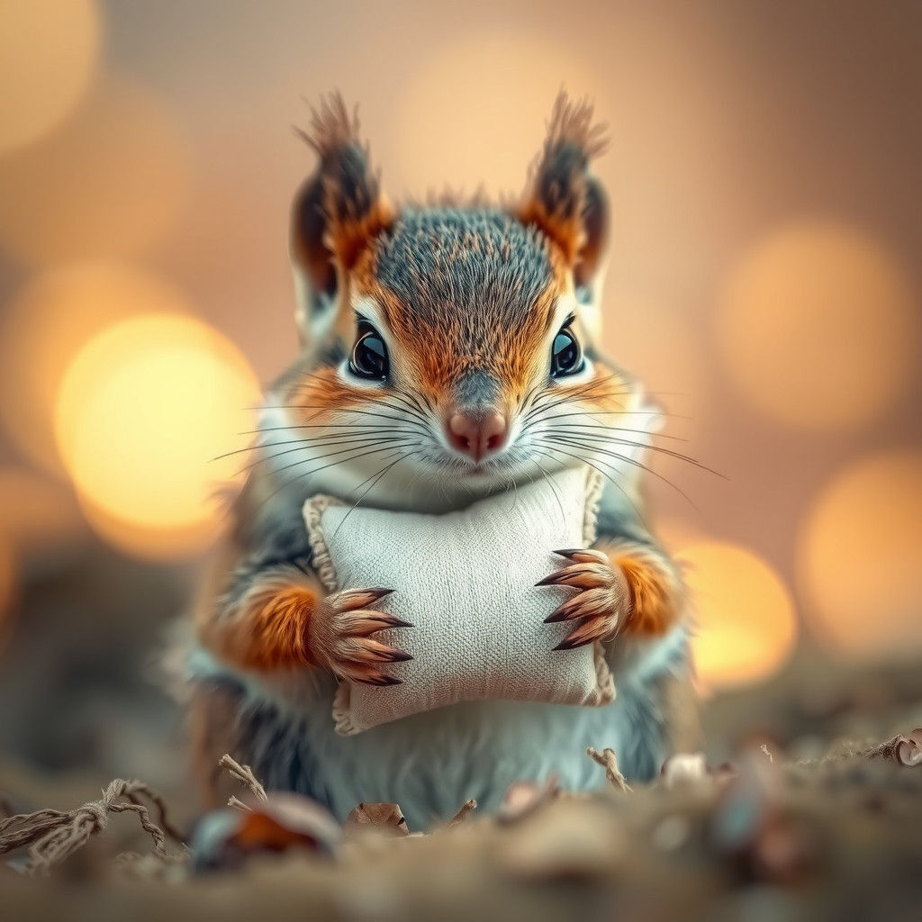 Miniature Squirrel with Pillow in Dreamlike Setting