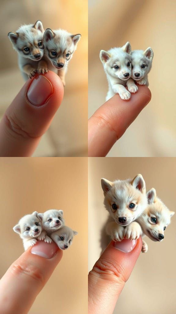 Tiny Siberian Wolves Perch on Human Finger