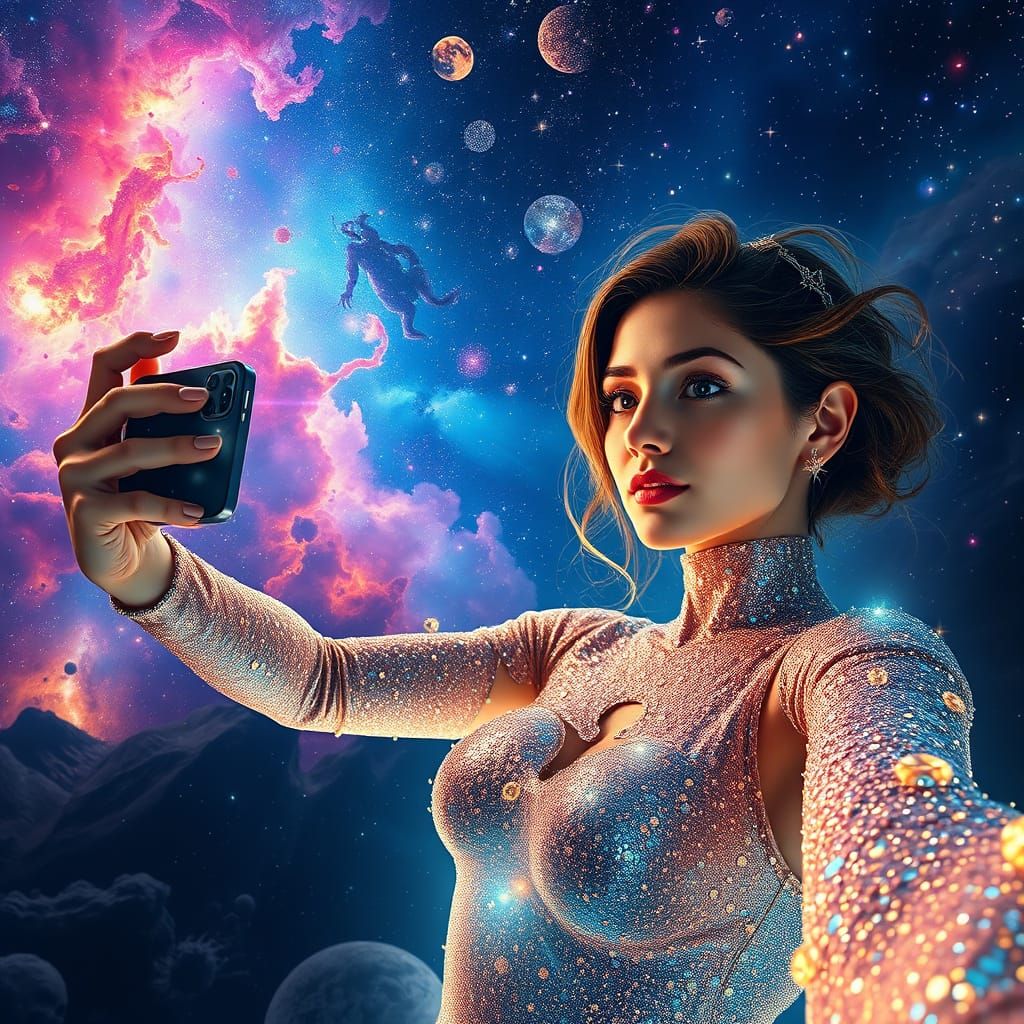 Woman Captures Cosmic Selfie in Ethereal Landscape