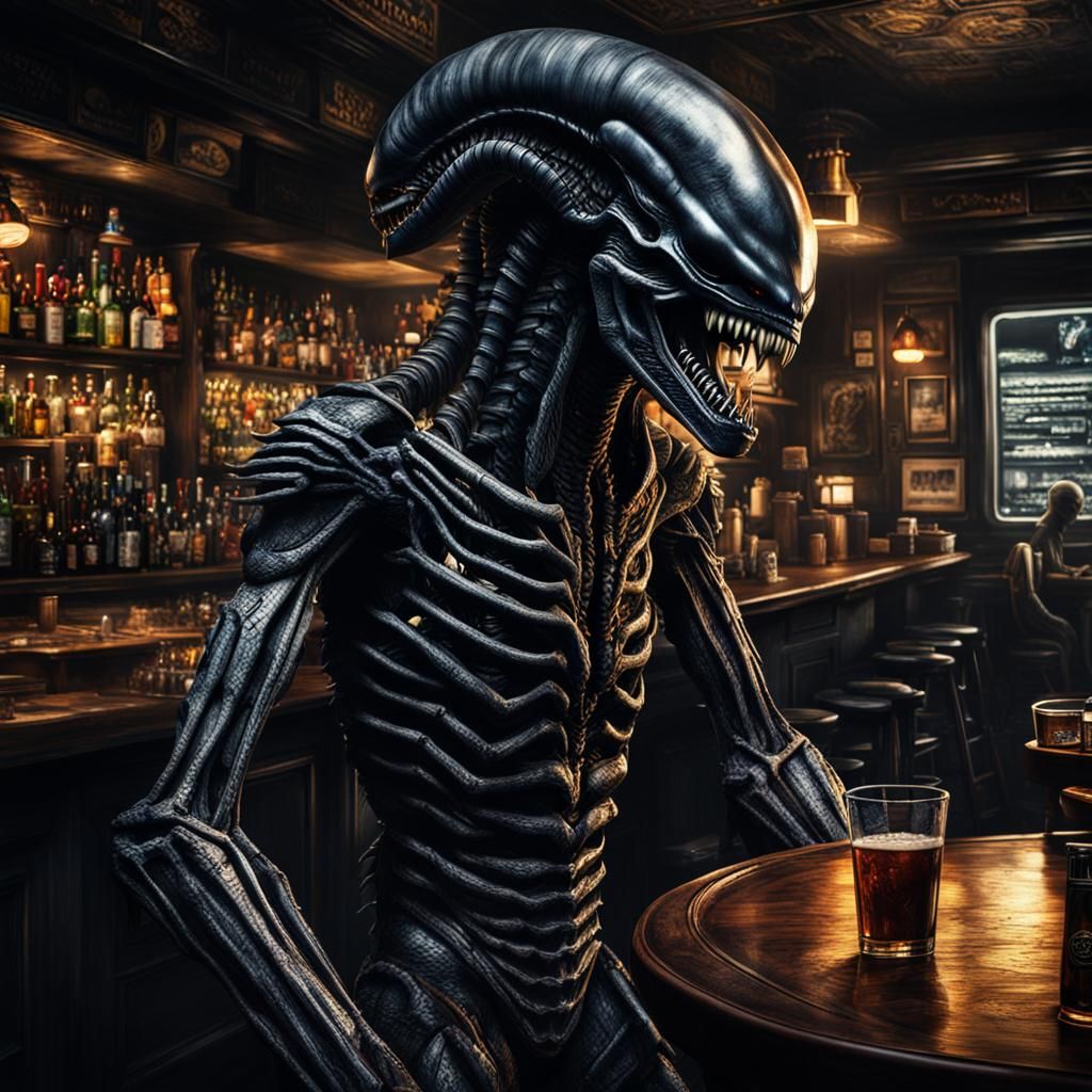 Xenomorph and Predator in a Bar: Hyperrealistic Scene