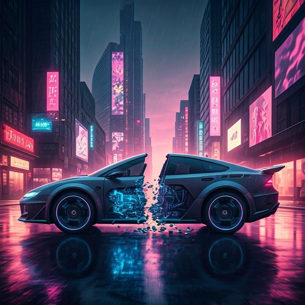 Retro-Futuristic Car Shatters into Neon-Lit Halves