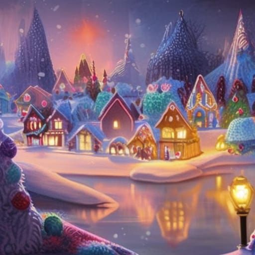 Magical Gingerbread Village at Night, Whimsical Art