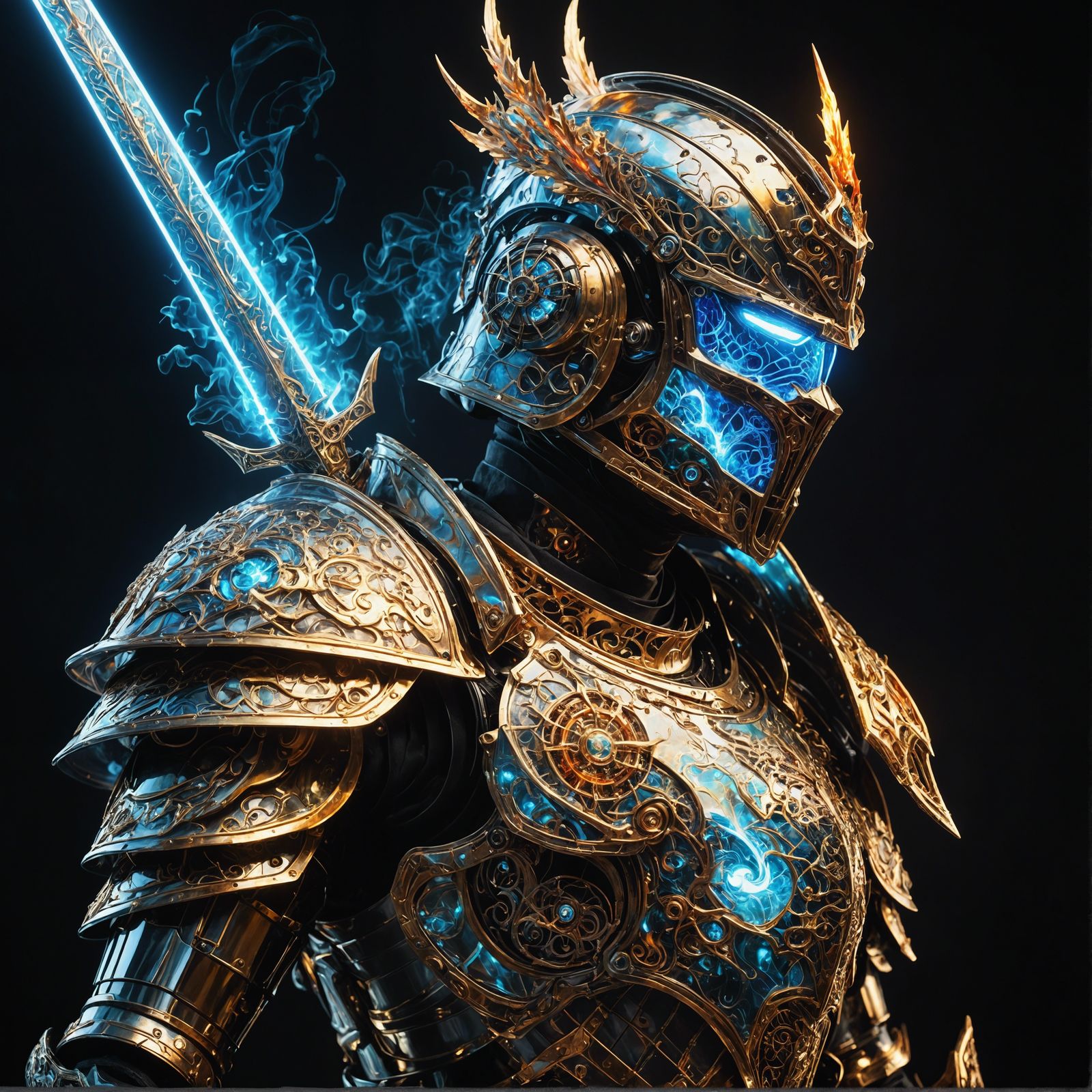 Flaming Cyborg Knight in Gothic Acrylic Style