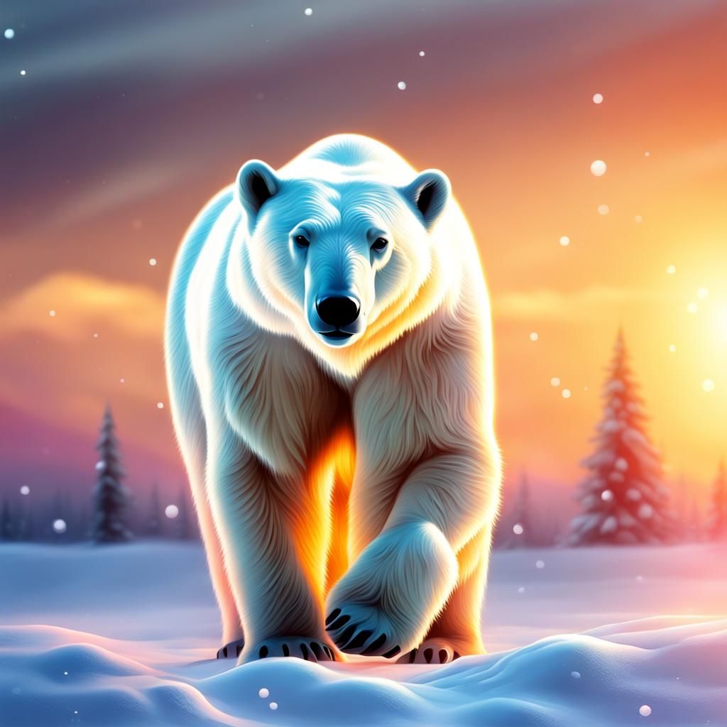 Polar Bear in Snowy Sunset: Airbrush Art