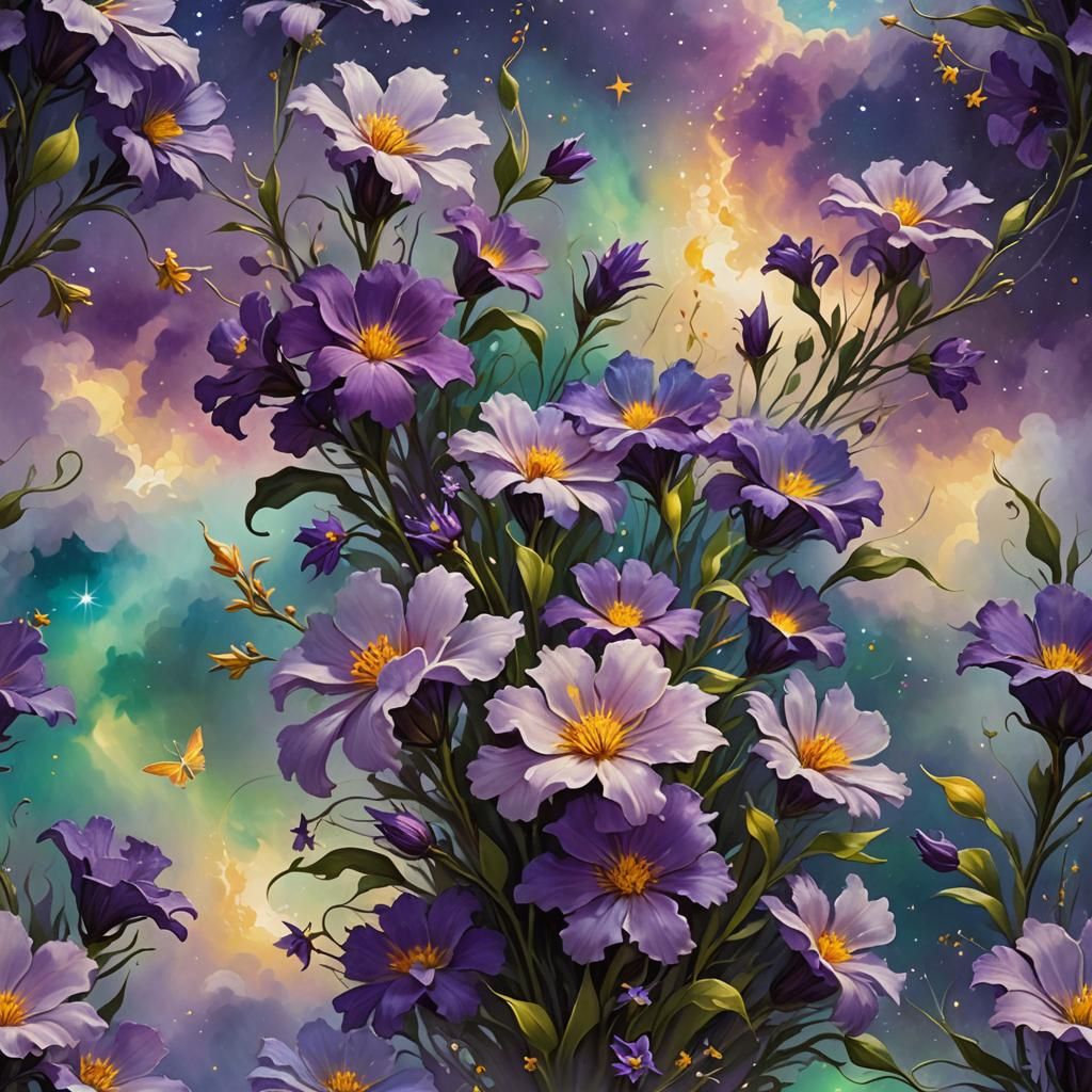 Violet Flowers in Mystical Iridescent Landscape as Impasto P...