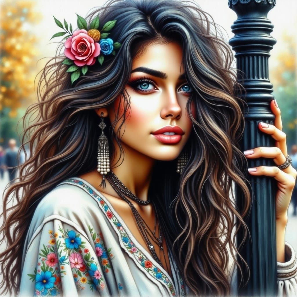 Melancholy Dark-Haired Woman with Watercolor Tears