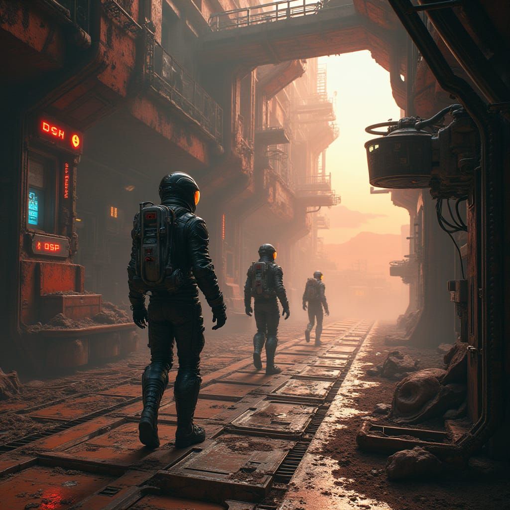 Cyberpunk Astronauts Build Space Station Above Mars