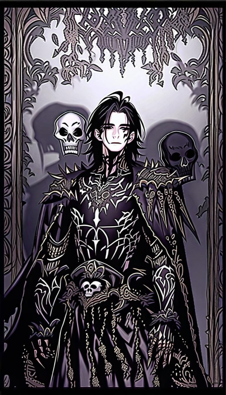 Armored Man with Shadow Tattoos and Metallic Skulls