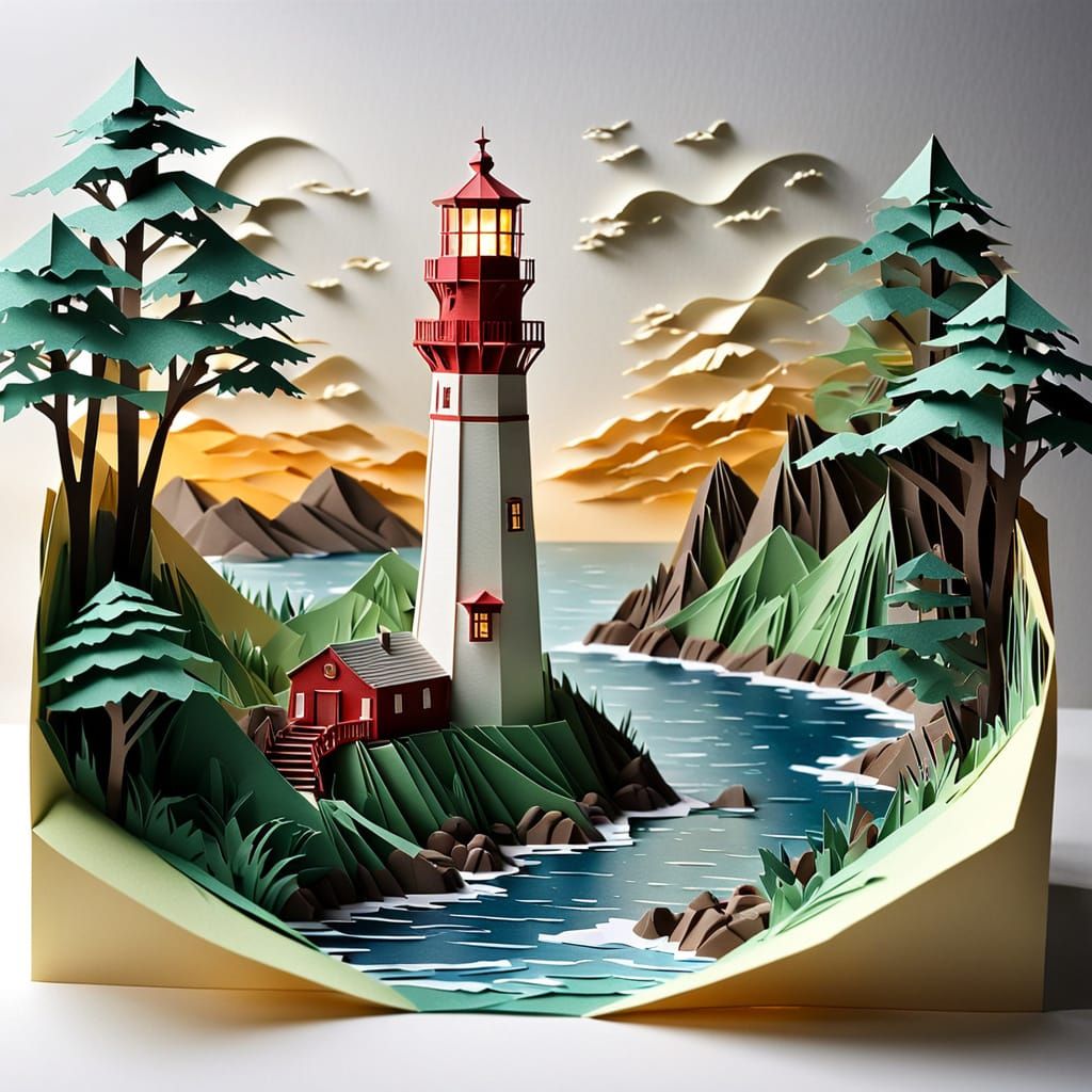 Intricate Kirigami Lighthouse Scene
