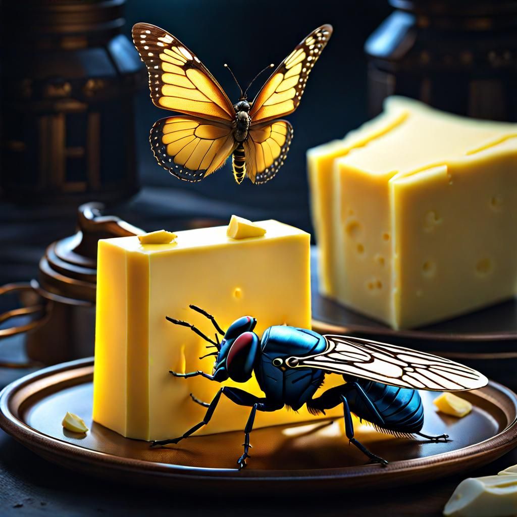 Fly and Butterfly over Butter, Dark Fantasy Art