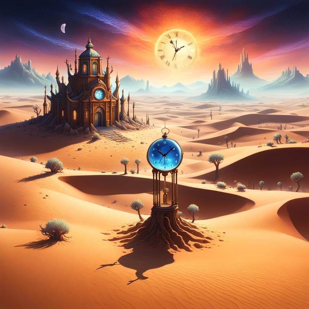 A surreal dreamscape where a vast, glowing desert stretches ...