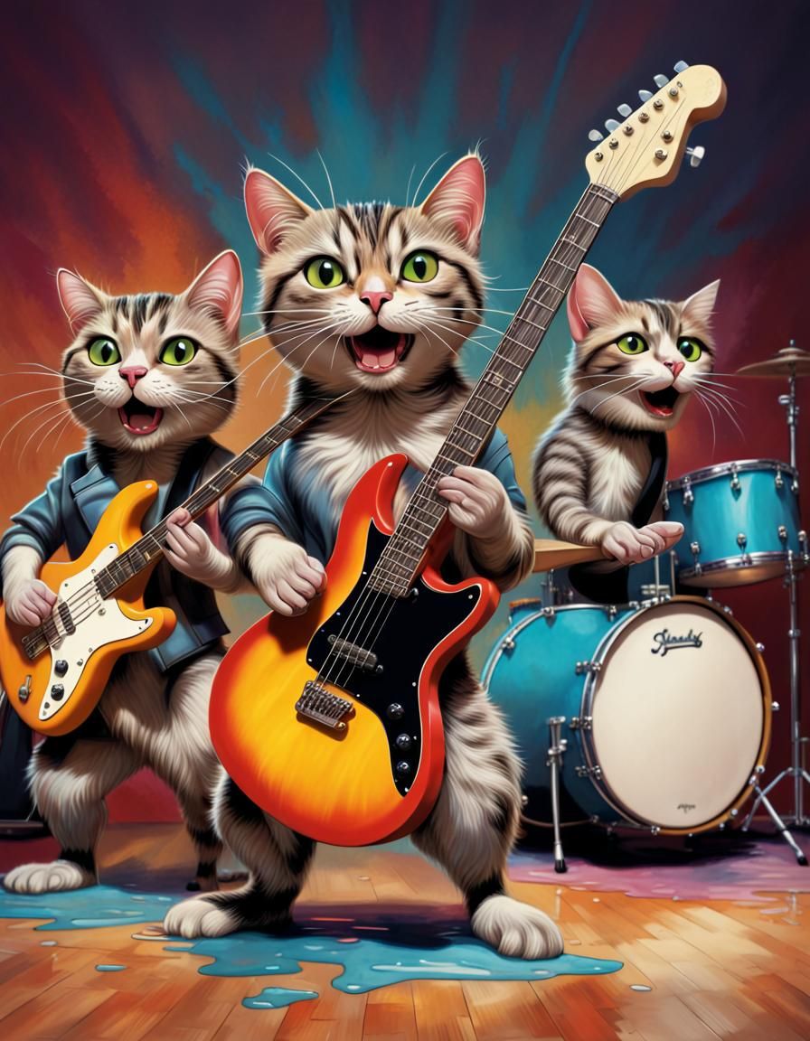 Cats in Hyperrealistic 1950s Rock Band Portrait