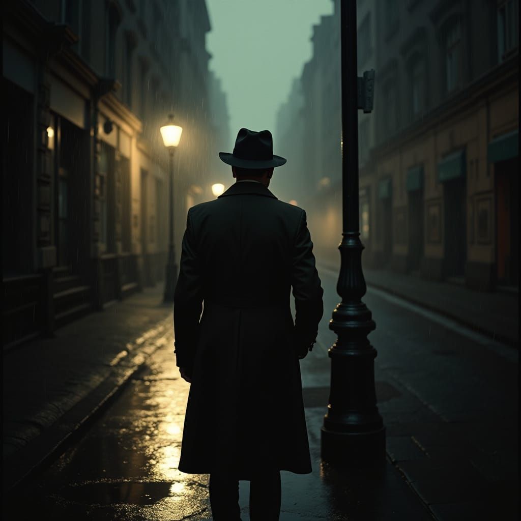Mysterious Film Noir Detective in Rainy City Street