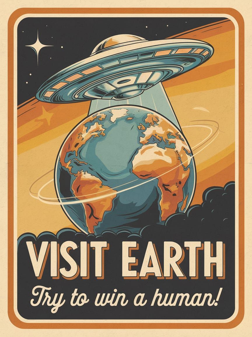 Vintage Poster of Earth with Alien Spaceship