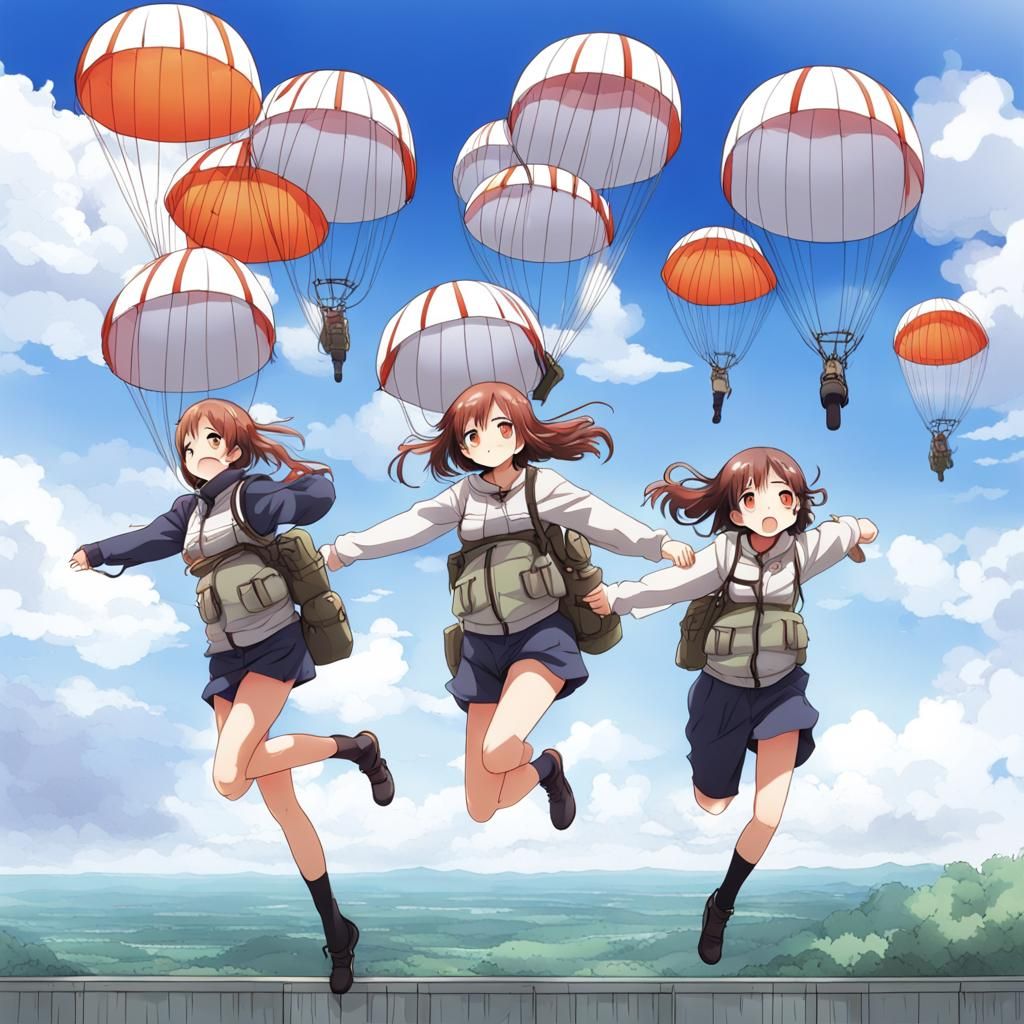Anime Girls with Parachutes in Manga Style