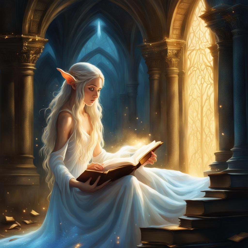 Glowing Book with Elf in Fantasy Art Style