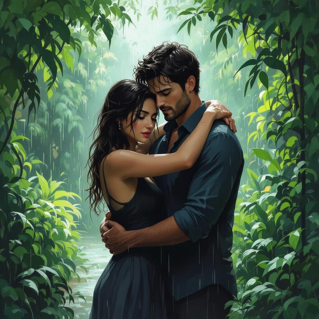 Embracing Couple in Rainy Garden, Digital Painting